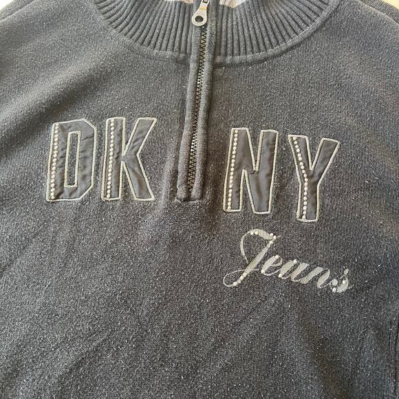 Y2K 2000s DKNY Black Knit Quarter Zip Logo Pullover Sz XL Rhinestone - Picture 2 of 7